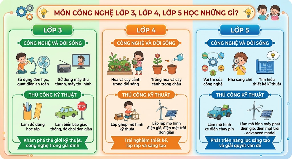 Môn Công nghệ lớp 3, lớp 4, lớp 5 học những gì? Lộ trình chi tiết cho phụ huynh